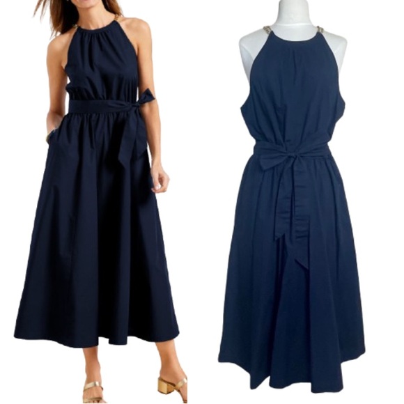 Talbots Navy Blue Gold Chain Shoulder Strap Midi Fit & Flare Cotton Dress | 16P - Picture 1 of 15